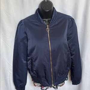 Ann Taylor Navy Bomber Jacket with Gold Zip Detail